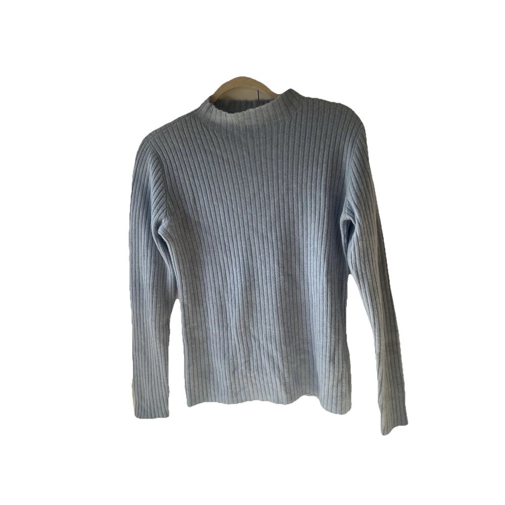 100% Cashmere Mock Neck Sweater Periwinkle Blue Ribbed M Seamless Raw Edge